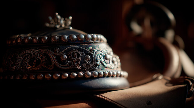 charro. An ornate Mexican charro hat resting on a leather saddle. event programs, museum guides, cultural reports, designed for cultural heritage projects and event programs, used by professors.