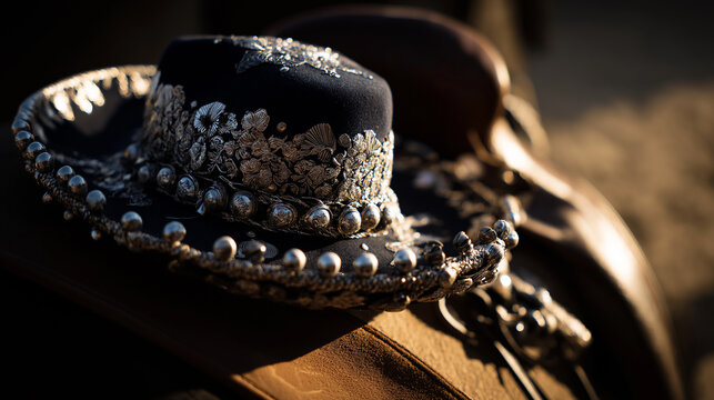charro. An ornate Mexican charro hat resting on a leather saddle. event programs, museum guides, cultural reports, designed for cultural heritage projects and event programs, used by professors.