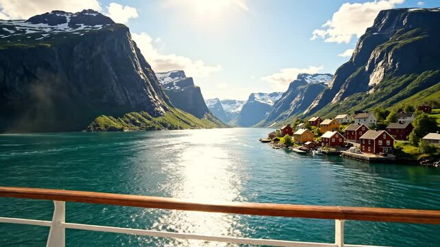 Vast fjord with turquoise water, towering cliffs, sunlit mountains, a deck railing in frame. Bright