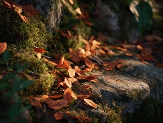Close-up of autumn leaves on mossy rock surface, bathed in sunlight