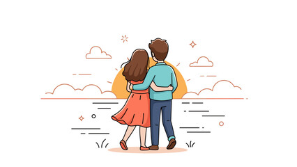 Young couple embracing sunset by the ocean - romantic scenic view