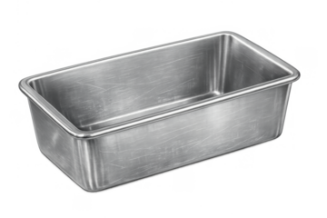 Metal loaf pan for baking bread and cakes, an empty rectangular tin kitchenware item with transparent background