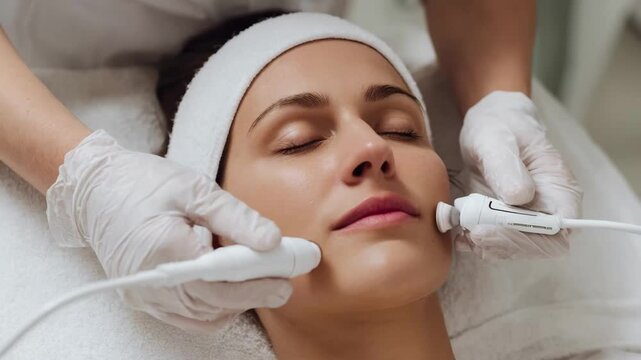 Closeup of a professional performing microcurrent facial treatment showcasing gentle electrical pulses for natural skin toning and rejuvenation.