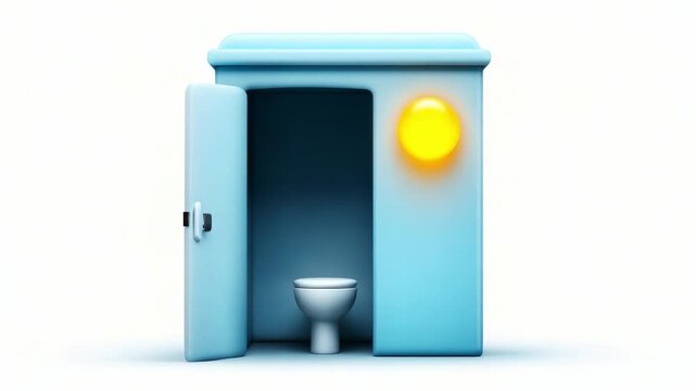 A playful and bright depiction of a blue bathroom stall with an open door revealing a toilet inside, illuminated by a sunny yellow element above, emphasizing cleanliness and functionality.