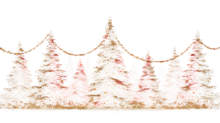Illuminated christmas trees with red and golden garlands into a forest isolated on white background