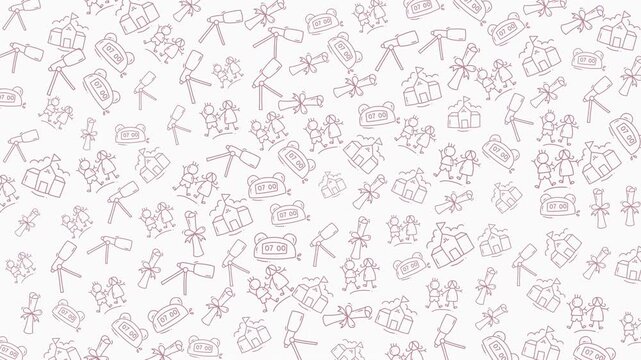 Repeating light pink pattern features telescopes and animal icons. Suitable for backgrounds, scrapbooking, product packaging, and stationery design.