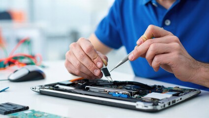 Technician using precision tools to repair a laptop on a workbench. Focus on technology and maintenance.