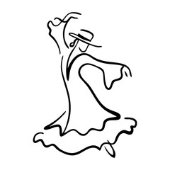 Baile típico español. Dibujo de trazo único de bailarina de flamenco con sombrero típico © teracreonte