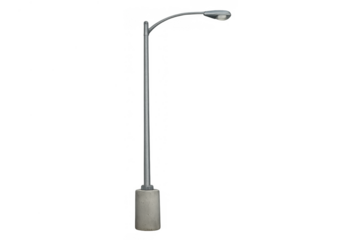 Street light fixture with metal pole and concrete base, providing urban illumination, transparent background
