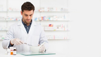 Pharmacist in a white coat carefully preparing medication in a bowl at a pharmacy. Professional pharmaceutical service.