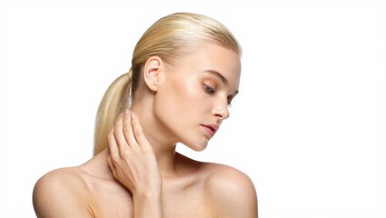 A woman with straight blonde hair pulled back, showcasing her profile and natural beauty. Elegant and minimalist aesthetic.