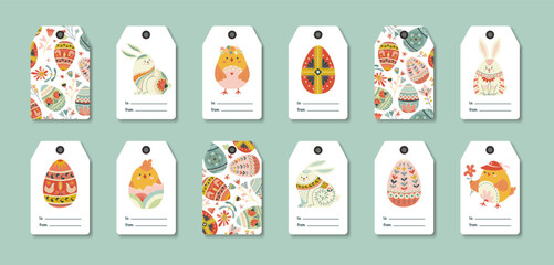 Vector set of Easter gift tags in Nordic folk style with eggs, bunny, chicks and ornaments. Cozy spring collection with decorative elements for holiday packaging, greeting cards, festive decor