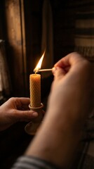 Hands lighting beeswax candle with match in warm indoor setting  