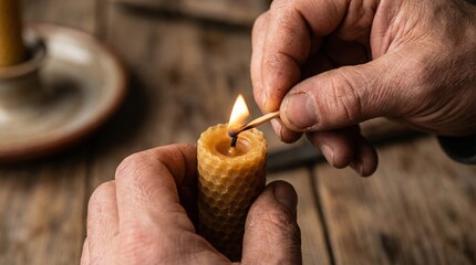 Hands lighting beeswax candle with matchstick on wooden table  
