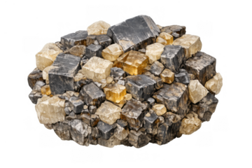 Galena mineral specimen with fluorite and quartz crystals on a transparent background, geological lead ore