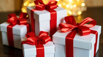 Obraz premium Four white gift boxes with red ribbons and bows on table gifts