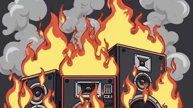 Burning Loud Speakers Illustration Cartoon Style
