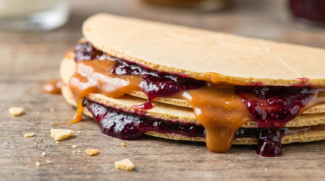 Traditional Obleas with Dulce de Leche and berry jam on a rustic wooden surface.
