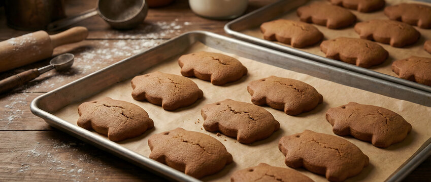 Freshly baked Mexican Puerquitos pig-shaped gingerbread cookies on a baking sheet.