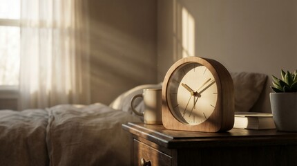 Wooden bedside clock showing early morning sunlight in cozy bedroom  