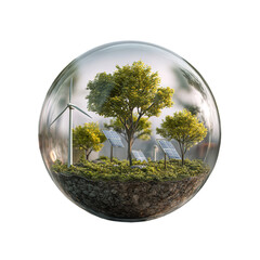 Sustainable eco-friendly landscape in crystal ball with wind turbines and solar panels in green natural lighting for environmental awareness
