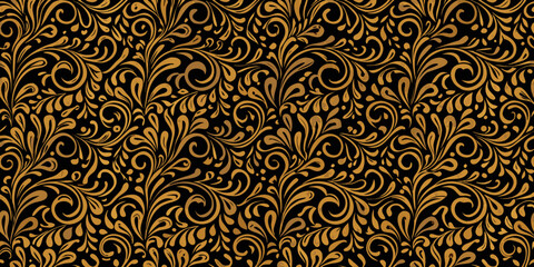 Intricate golden floral pattern on a dark black ornate background © Lalin