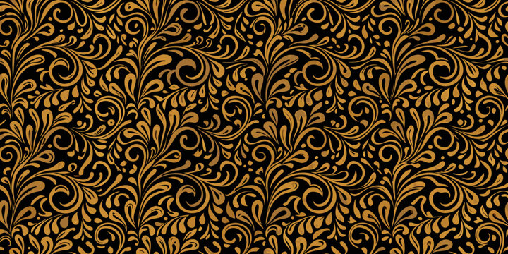 Intricate golden floral pattern on a dark black ornate background