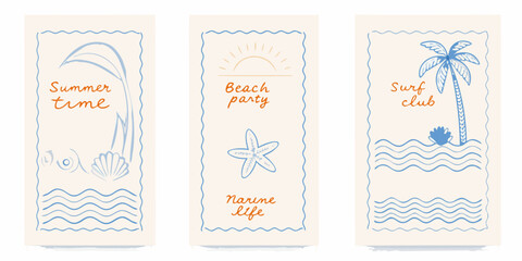 Summer themed illustrations beach surfing and marine life banner designs © Lalin