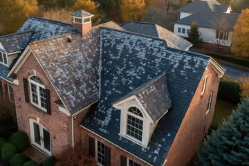Roof with hail damage marked by inspection chalk concept. Aerial view of a beautiful brick house with autumn foliage.