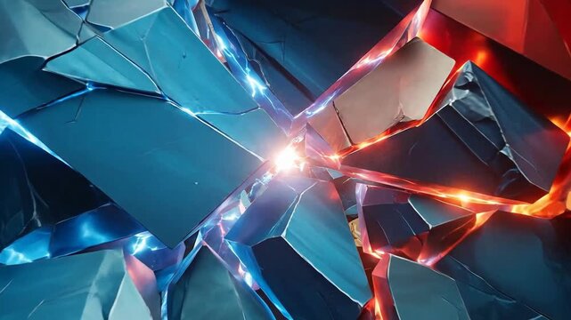 Abstract background featuring a dynamic composition of blue and red geometric shapes.
