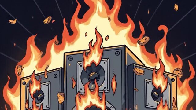 Speakers on Fire Intense Audio Sound System Cartoon Illustration