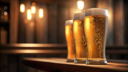Golden beer glasses glowing on wooden table concept. Three glasses of refreshing beer on a rustic bar.