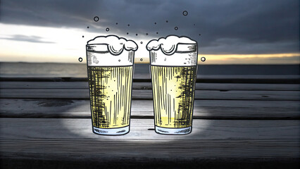 Golden beer glasses glowing on wooden table concept. Two frothy glasses of beer on a wooden table at sunset.