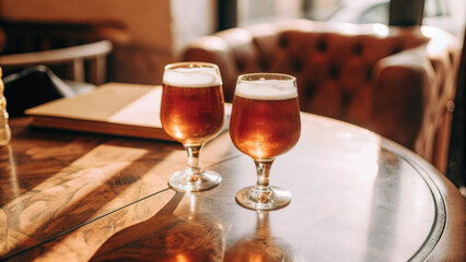 Golden beer glasses glowing on wooden table concept. Two glasses of amber beer on a wooden table in a cozy bar setting.