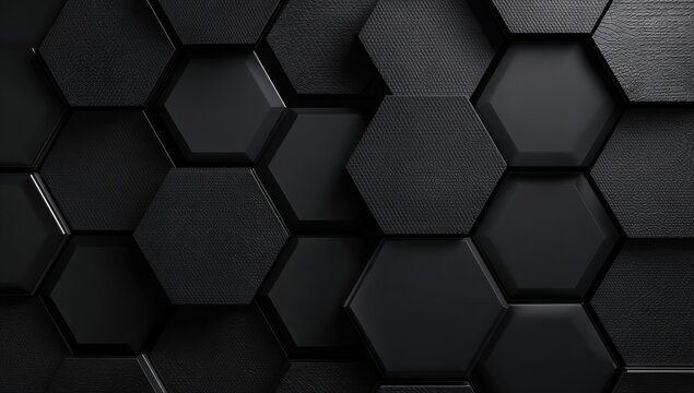 Close-up of black hexagonal tile texture, creating a geometric pattern with shadows - Powered by Adobe