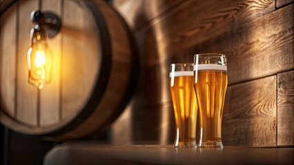Golden beer glasses glowing on wooden table concept. Two glasses of beer on a wooden bar with ambient lighting.