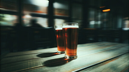 Golden beer glasses glowing on wooden table concept. Two glasses of beer on a wooden table in a dimly lit bar.