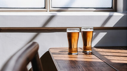 Golden beer glasses glowing on wooden table concept. Two glasses of beer on a wooden table in natural light.