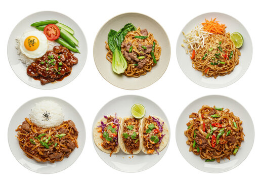 Five exquisitely presented Asian fusion dishes: Pad Thai, tacos, and Korean beef, on a transparent studio background with copy space, top-down flat lay. Culinary diversity and gourmet elegance