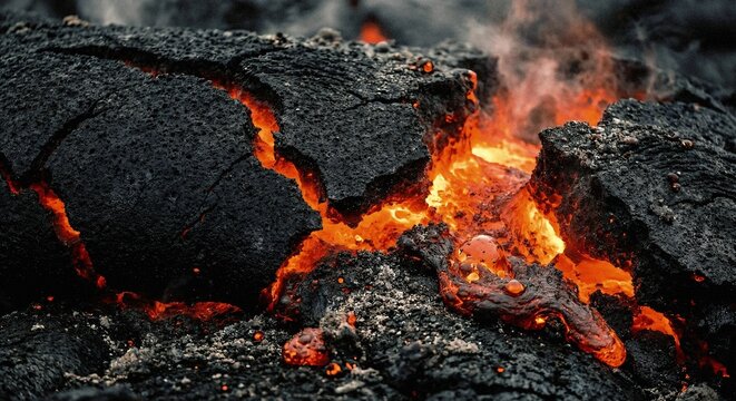 Cooling Volcanic Lava Flow with Glowing Magma and Black Crust