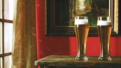 Golden beer glasses glowing on wooden table concept. Two glasses of refreshing beer on a rustic table by a window.