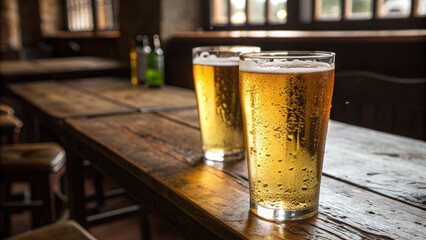 Golden beer glasses glowing on wooden table concept. Two glasses of refreshing beer on a rustic wooden table.