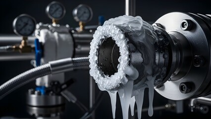 Frozen hydro pipe leaking hydro fluid in industrial hydro setting with hydro machinery and hydro meter