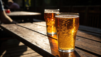 Golden beer glasses glowing on wooden table concept. Two glasses of refreshing beer on a wooden table under sunlight.