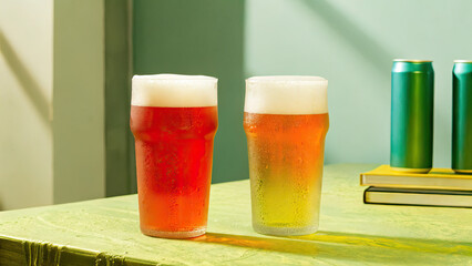 Golden beer glasses glowing on wooden table concept. Two refreshing beers in glasses on a vibrant green table.