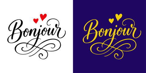 Logo con saludo francés 'Bonjour' en elegante caligrafía cursiva, con volutas y corazones  © teracreonte