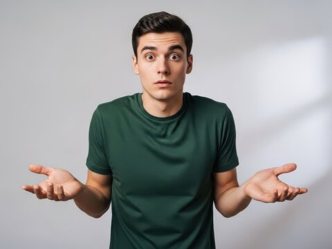 A young man with a puzzled expression on his face standing against a gray background with his hands outstretched in a questioning gesture