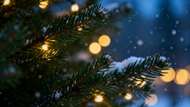 Snowy evergreen branch with lights - Powered by Adobe