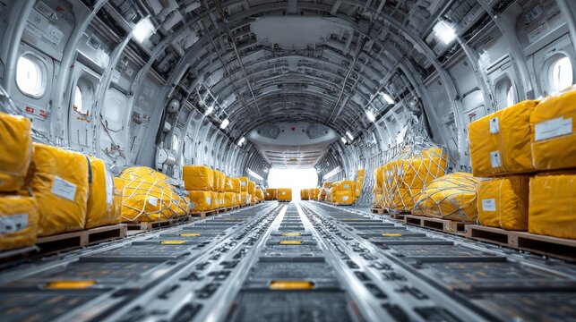 An inside view of a cargo plane filled with yellow packages. Packages are secured on pallets, facing the open end