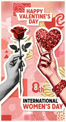 Collage poster design - Valentines day. Valentine`s day collage set. Contemporary art mixed art templates. Human hands. Paper cut out symbols for Valentine s Day. 